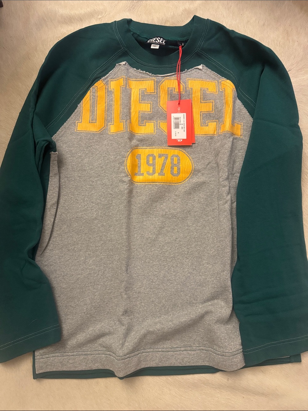 Diesel Gray Body with Green Sleeves Crewneck Sweatshirt with Yellow Logo